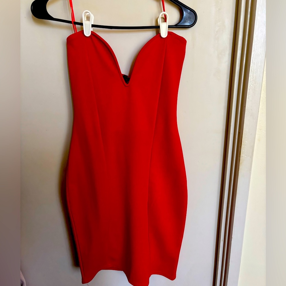 Red Strapless Midi Dress
